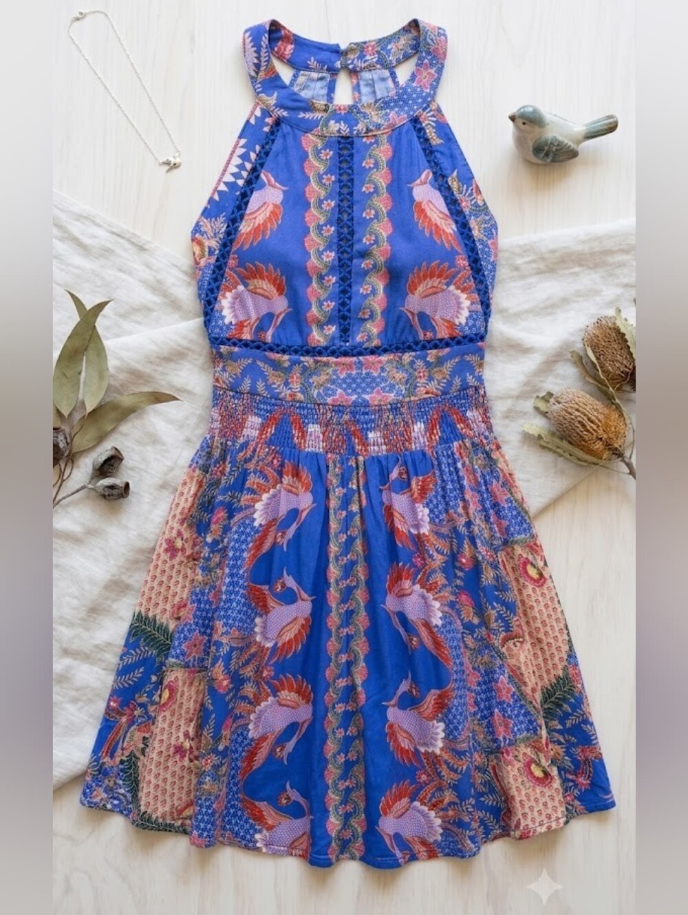 Jaase Boho Tropical Halter Mini Dress Smocked Festival Summer XS Dopamine Drip - Picture 4 of 13
